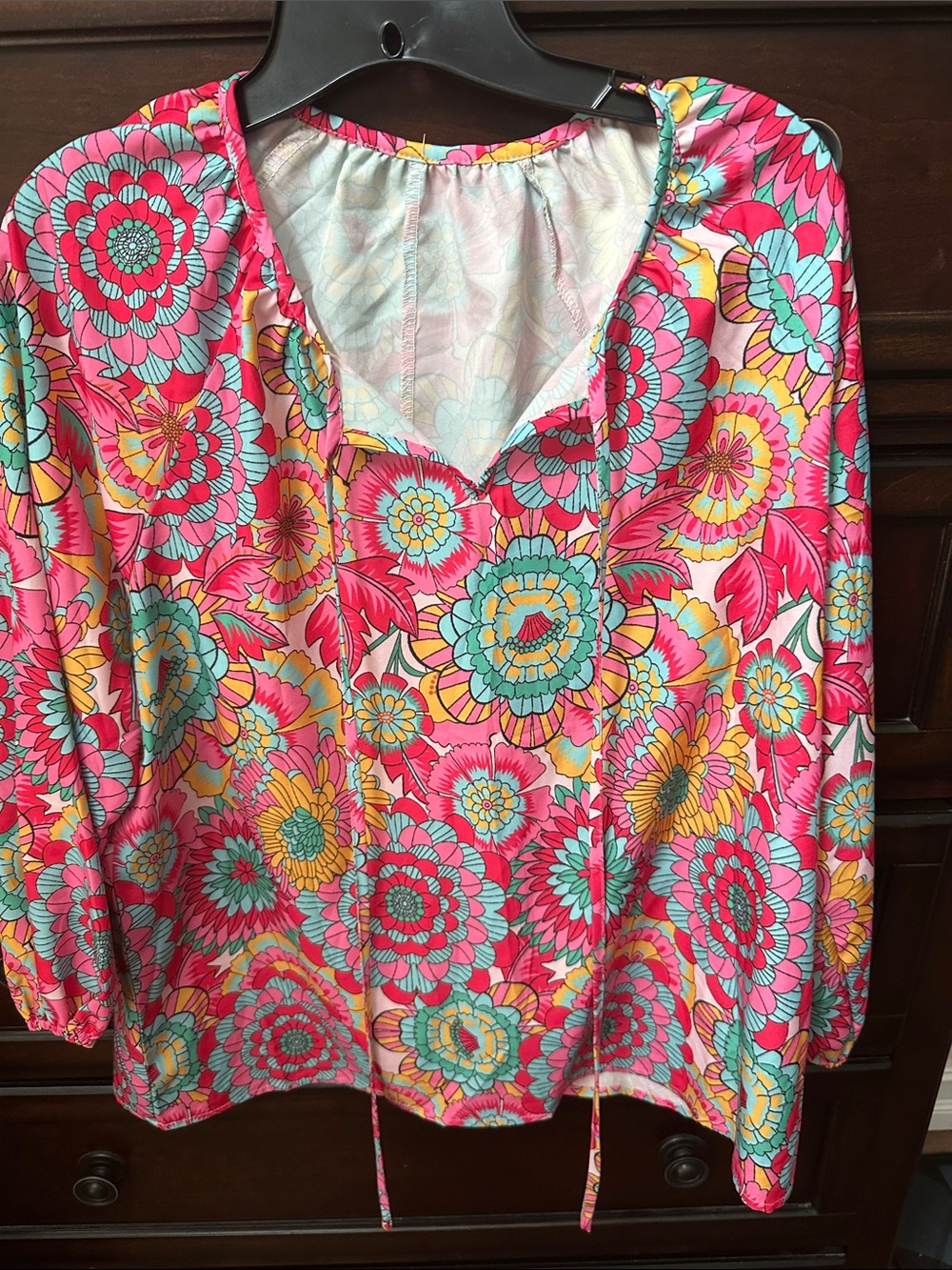 Source Unknown Bright Pink Floral Boho Blouse with Turquoise and Yellow